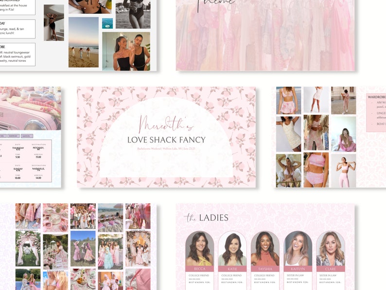 Peut inclure: Un collage d'images sur le th&egrave;me du rose, pr&eacute;sentant des v&ecirc;tements, des accessoires et des d&eacute;tails d'&eacute;v&eacute;nements. L'image centrale indique "Meredith's Love Shack Fancy" avec les d&eacute;tails de l'&eacute;v&eacute;nement. D'autres images incluent des tenues, des photos de groupe et une liste d'activit&eacute;s.