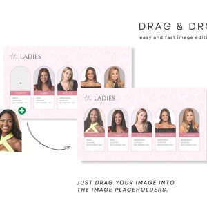 Peut inclure: Un mod&egrave;le num&eacute;rique avec le texte "the LADIES" et les mots "DRAG & DROP" et "easy and fast image editing". Le mod&egrave;le comprend des espaces r&eacute;serv&eacute;s pour les photos et les noms, avec le texte "JUST DRAG YOUR IMAGE INTO THE IMAGE PLACEHOLDERS."