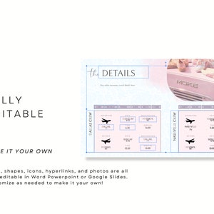 Peut inclure: Mod&egrave;le de d&eacute;tails de voyage enti&egrave;rement modifiable, avec un sch&eacute;ma de couleurs bleu clair et rose. Le design comprend du texte, des formes et des ic&ocirc;nes. Le texte indique "FULLY EDITABLE" et "MAKE IT YOUR OWN". Personnalisable dans Word, PowerPoint ou Google Slides.