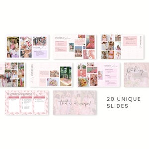 Peut inclure: Ensemble de 20 diapositives uniques, roses et blanches, sur le th&egrave;me d'un enterrement de vie de jeune fille. Les diapositives comprennent des images et du texte avec des phrases comme "Packing Checklist" et "Saturday Activities".