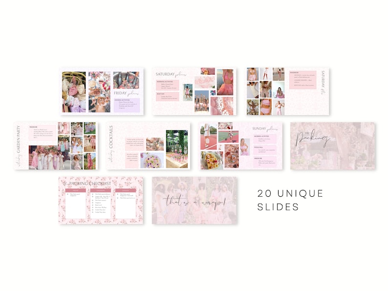 Peut inclure: Ensemble de 20 diapositives uniques, roses et blanches, sur le th&egrave;me d'un enterrement de vie de jeune fille. Les diapositives comprennent des images et du texte avec des phrases comme "Packing Checklist" et "Saturday Activities".