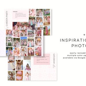 Peut inclure: Un collage num&eacute;rique de photos sur le th&egrave;me du rose pour une "Garden Party". Les images pr&eacute;sentent des tenues et des d&eacute;cors de f&ecirc;te. Le texte comprend "+50 Photos d'inspiration" et mentionne "facilement redimensionnable" et "Google Drive".