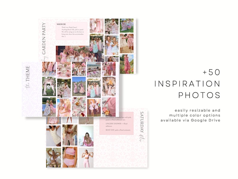 Peut inclure: Un collage num&eacute;rique de photos sur le th&egrave;me du rose pour une "Garden Party". Les images pr&eacute;sentent des tenues et des d&eacute;cors de f&ecirc;te. Le texte comprend "+50 Photos d'inspiration" et mentionne "facilement redimensionnable" et "Google Drive".