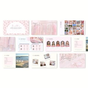 Peut inclure: Ensemble de diapositives de pr&eacute;sentation roses et blanches. Les diapositives comprennent du texte tel que "Love Shack Fancy", "The Theme", "Details", "Ladies", "Stay", "Rooms" et "The Itinerary". Les designs pr&eacute;sentent des motifs floraux et aquarelles.