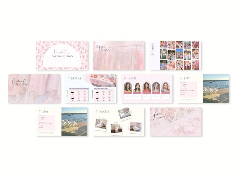 Peut inclure: Ensemble de diapositives de pr&eacute;sentation roses et blanches. Les diapositives comprennent du texte tel que "Love Shack Fancy", "The Theme", "Details", "Ladies", "Stay", "Rooms" et "The Itinerary". Les designs pr&eacute;sentent des motifs floraux et aquarelles.