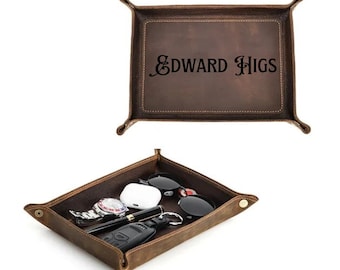 Catchall Valet Tray Leather,  Name Engraved Foldable Mens EDC Valet Tray Organizer, Key Tray Entryway, Housewarming Leather Gift Tray