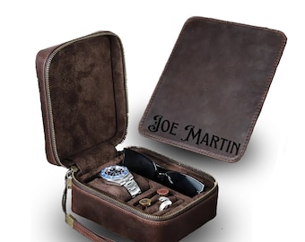 Customized Genuine Leather Jewelry Travel Case; Personalized Mens Leather Jewelry Box for Travel; Special Gift for Him, Her, Man or Woman