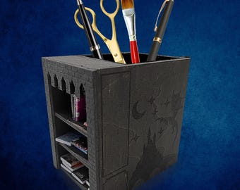 Gothic Castle Desk Organizer | Laser Cut Wood & Acrylic Pen Holder | Fantasy Book Nook Decor | Personalized Gift for Writers