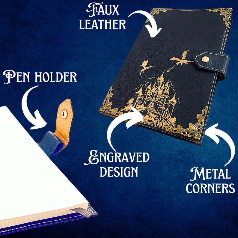 May include: A black faux leather journal with an engraved gold castle design and metal corners. Features a pen holder and a snap closure. The journal has a gold dragon design and the words "Faux Leather".