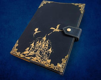 Personalized Fantasy Journal with Dragon Castle Design, Refillable Faux Leather Notebook, Writer Gift, RPG Spellbook, A5 Lined