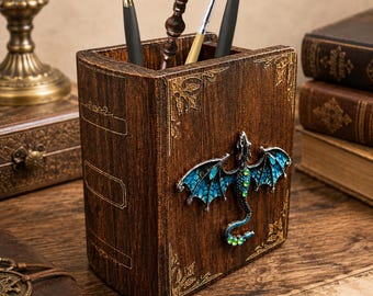 Fantasy Dragon Pen Holder, Wooden Dragon Desk Organizer, Bookmark organizer, Engraved Name Gift, Book Shaped Office Decor