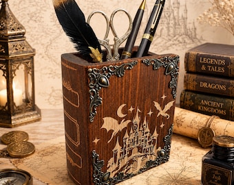 Fantasy Dragon and Castle Pen Holder, Wooden Castle Desk Organizer, Bookmark organizer, Engraved Name Gift, Book Shaped Office Decor