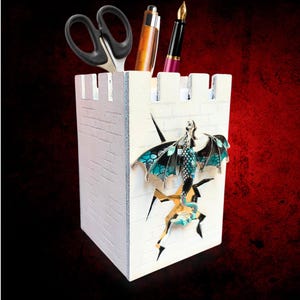 White Castle Desk Organizer – Dragon Pencil Holder – Fantasy Pen Cup for DnD, Dice, Brushes, Office or Gamer Room Decor