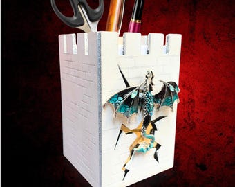 Fantasy Castle Theme Desk Organizer – Dragon Pencil Holder – Fantasy Pen Cup for DnD, Dice, Brushes, Office or Gamer Room Decor
