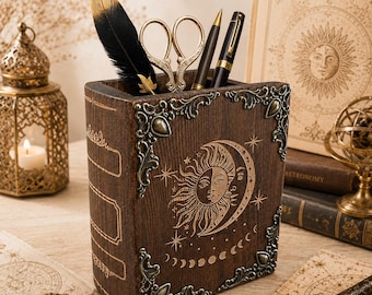 Personalized Celestial Pen Holder, Sun and Moon Desk Organizer, Wooden Pencil Cup, Tarot Inspired Office Decor, Engraved Name Gift