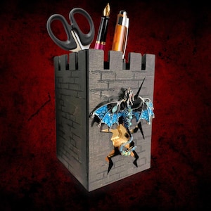 Pen Holder Desk Organizer – Fantasy Castle with Dragon Pencil Cup – DnD lover Gift – Medieval Office Decor