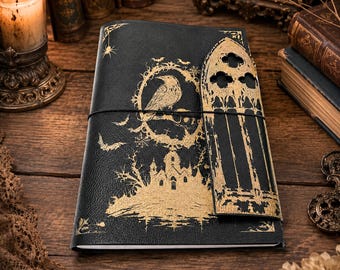 Gothic Refillable Journal, A5 Raven Notebook with Cathedral Window Flap, Faux Leather Diary, Optional Custom Name