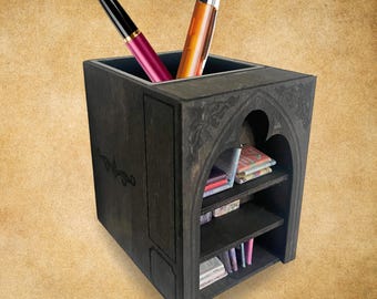 Fantasy Mini Bookshelf Desk Organizer, Pen Holder cup – Black Wood with Engraving, Tiny Books & Custom Name – Gift for Bookish Dreamers