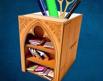 Mini Bookshelf Desk Organizer – Wooden Gothic Pen Holder with Tiny Books, Office Decor, Unique Gift for Book Lovers
