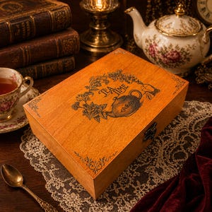 May include: A wooden tea box with a decorative floral and teapot design, the words "Tea Time" are printed on the lid. The box is light brown with a metal clasp. A teacup, books, and a teapot are in the background.