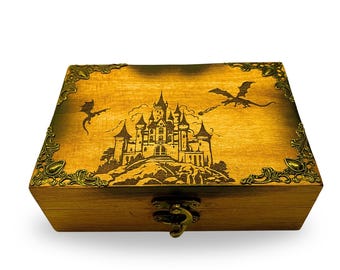 Dragon Keepsake Wood Box, personalized engraved gothic dragons gift, Medieval Jewelry Trinket Box Case, Majestic Fantasy Memory Box