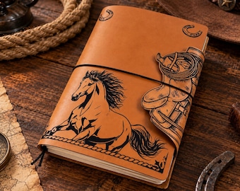 Western Horse Refillable A5 Journal, Cowboy Faux Leather Notebook with Saddle Flap