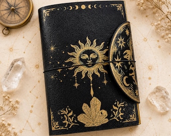 Celestial Refillable A5 Journal, Sun Moon & Crystal Notebook, Faux Leather Diary with Moon Flap, Optional Name Engraving