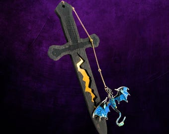 Handmade Dragon Bookmark – Fantasy Book Lover Gift, Page Marker, Sword and Dragon Charm with gold chain, Reading Accessory for Fantasy Fans