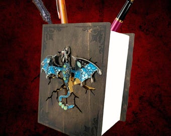 Desk Organizer, Pen Holder, Fantasy Dragon Lover Gift for her him, Personalized Name