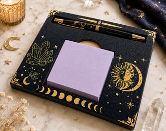 Celestial Desk Organizer, Sun and Moon Sticky Note and Pen Holder, Tarot Inspired Office Decor