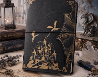 Fantasy Dragon Refillable A5 Journal with Castle and Dragon Wing Flap, Optional Name Engraving