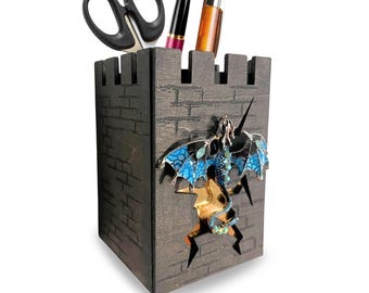 Fantasy Castle Pen Holder with Dragon – Fantasy Desk Organizer for DnD Lovers – Medieval Pencil Cup & Unique Office Decor Gift