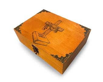Personalized Engraved Bible Keepsake Box – Christian Gift, Wooden Memory Box with Cross, Velvet Lined Rosary or Jewelry Box