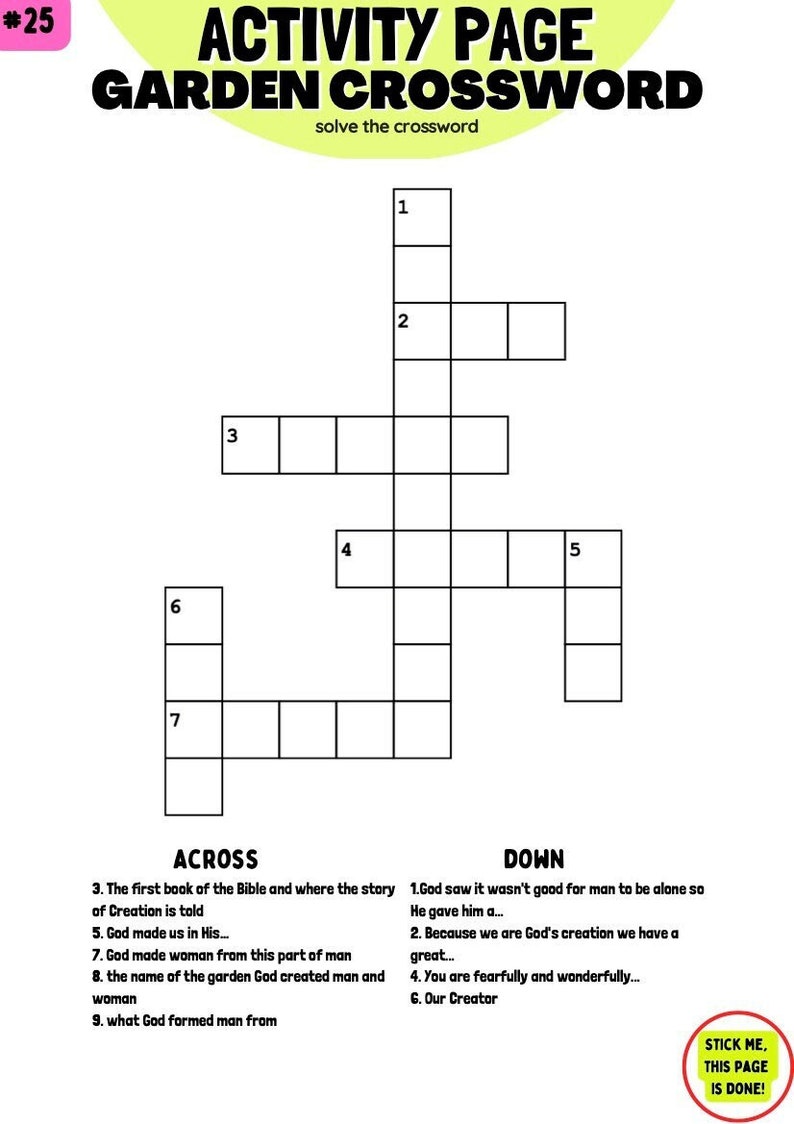 Garden Crossword Puzzle Bible Lesson Activity Page Etsy