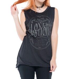 Women's Love Potion Flowy Muscle Tee, Women's Witchy Tee,  Retro fall shirt, Halloween Tee, Witchcraft Shirt, Rocker Tee, Retro Grunge Tee