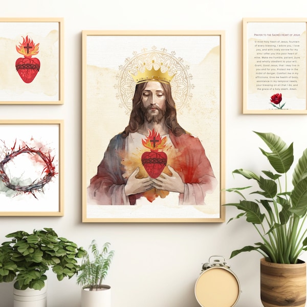 Sacred Heart of Jesus Image with Prayer Printable Bundle, Catholic Illustration Art, Devotional Wall Art,Catholic Art,Catholic gift