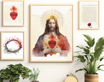 May include: Three watercolor paintings depicting the Sacred Heart of Jesus. The center painting shows Jesus with a crown of thorns and a heart on fire. The left painting shows a heart with a crown of thorns and flames. The right painting shows a prayer to the Sacred Heart of Jesus.