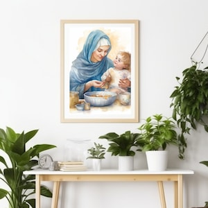 Mother Mary and Baby Jesus in Kitchen - Printable Digital, Ideal for Wall Art and Gifts,Catholic digital art