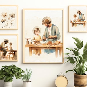 St. Joseph onderwijst Jezus in de timmerwinkel, katholieke afdrukbare bundel DigitalArt, katholiek cadeau, Vaderdagcadeau, doopcadeau