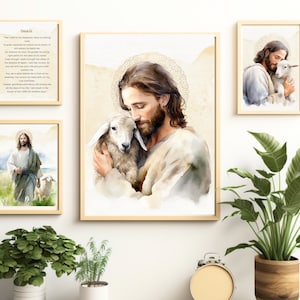 The Good Shepherd, Six Digital wall art, Digital Download, Jesus Portrait,Jesus Wall Art,Jesus Holding Lamb, Bible Art,Baptism gift