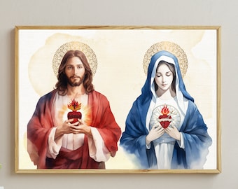 Jesu heliga hjärta, Marias obefläckade hjärta med bön utskrivbart paket, katolsk konst, andaktsfull väggkonst, katolsk konst, katolsk gåva
