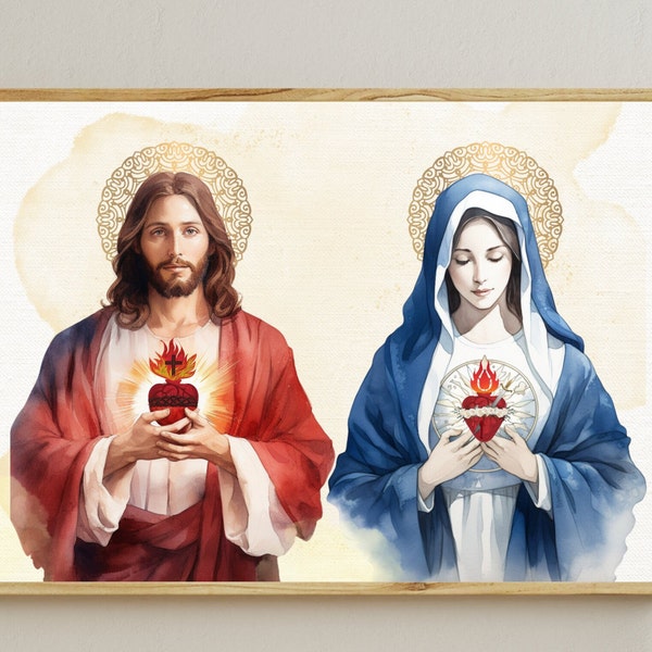 Sacred Heart of Jesus,Immaculate Heart of Mary with Prayer Printable Bundle, Catholic Art, Devotional Wall Art,Catholic Art,Catholic gift