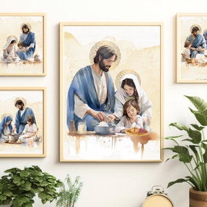 Holy Family in the Kitchen Cooking Digital Prints bundle, Catholic DigitalArt,Saint Art,Catholic gift,Fathers Day gift, baptism gift