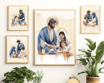 Heliga familjen i köket Matlagning Digitala utskrifter bunt, Katolsk digitalkonst, helgonkonst, katolsk gåva, fars dag-present, doppresent