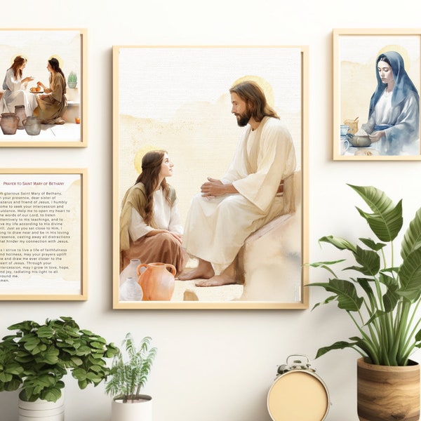 Maria e Marta di Betania con Gesù, pacchetto stampabile d'arte, arte santa, arte di San Giuseppe, regalo cattolico, arte murale, regalo di battesimo