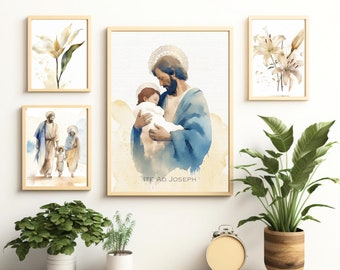 Sankt Josef och Jesusbarnet konst utskrivbart paket, helgonkonst, Sankt Josef konst, katolsk gåva | katolsk pappagåva | katolsk far, dop