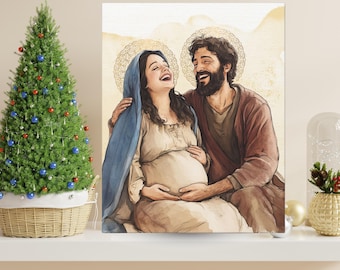 Holy Family canvas Print, Catholic Art, Catholic gift, St Joseph and Mother Mary Cavas, Pregnant Mary