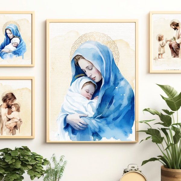 Jesus Mary Joseph, Holy Family- Catholic 5 Bundle Printable Digital Watercolor in Different Ratios, Perfect for Home Decor and Catholic Gift