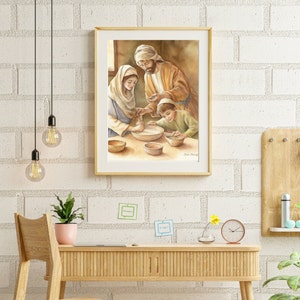 Art numérique de la Sainte Famille dans la cuisine : Jésus aidant - Disponible en différentes tailles, parfait pour la décoration murale et les cadeaux.