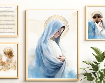 Mãe grávida Maria, pacote São José, 5 artes digitais em aquarela em diferentes proporções - perfeito para decoração de casa e presente católico